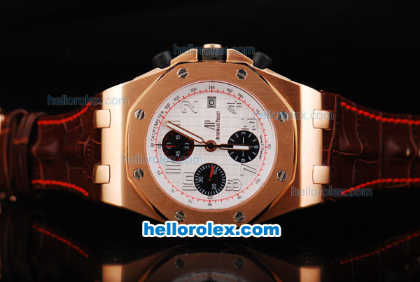 Audemars Piguet Royal Oak Swiss Valjoux 7750 Movement RG Case with White Dial and White Numeral Marker-Brown Leather Strap - Click Image to Close